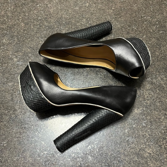 LAMB Black Leather Snake Platform High Heel Chunky Peep Toe Sexy Pump 8 - Picture 4 of 10